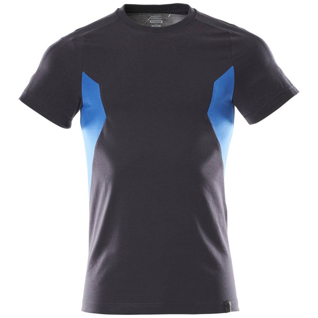 Schwarzes ärmelloses Athletik-T-Shirt mit blauen Seitenpaneelen, von vorne auf weißem Hintergrund gezeigt.