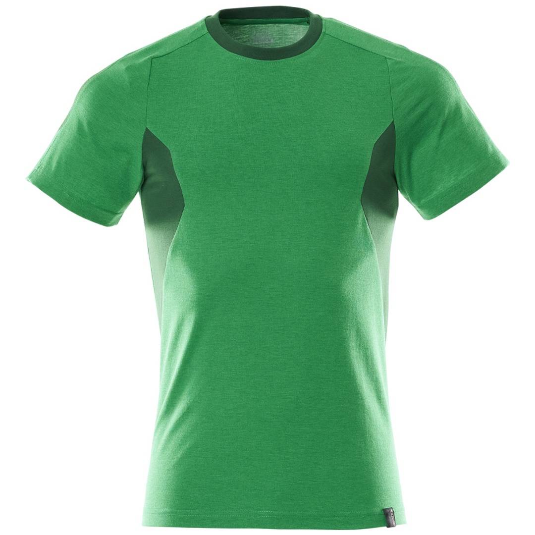 Grünes T-Shirt mit kurzen Ärmeln und dunklen Seiteneinsätzen auf weißem Hintergrund.