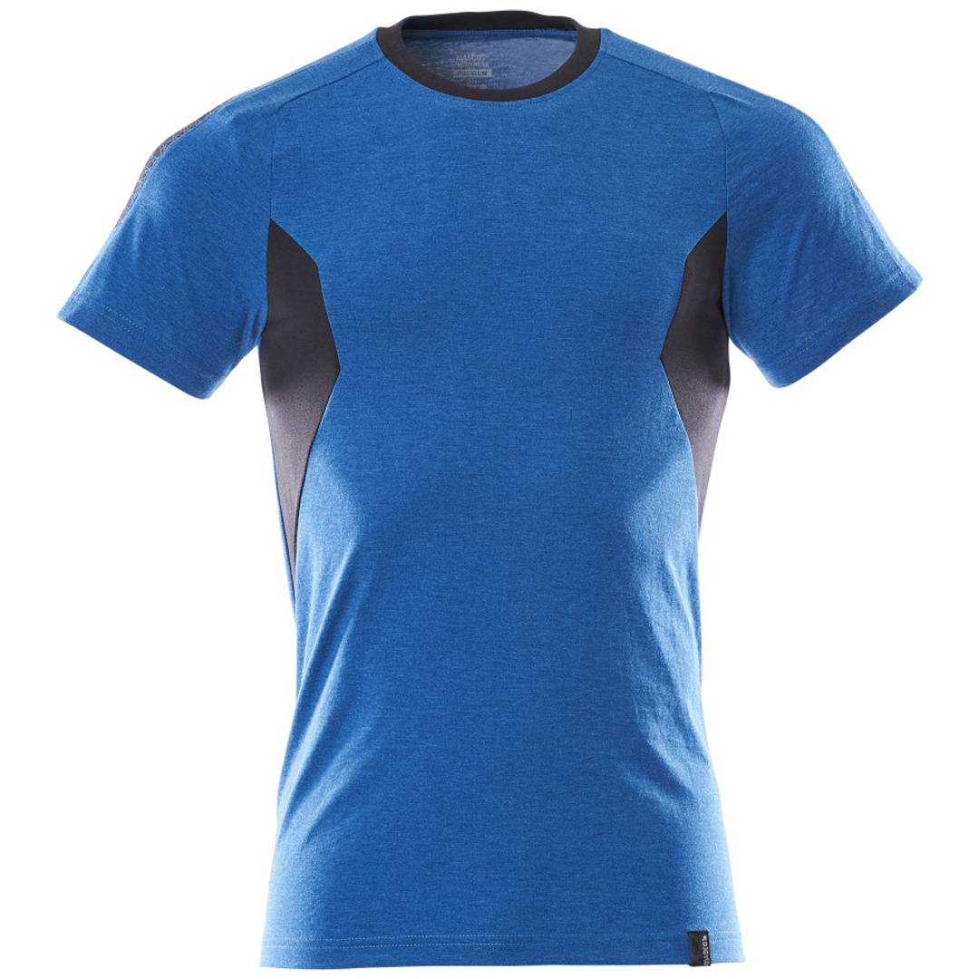 Blaues Athletic-T-Shirt mit schwarzen Seitenpanelen, in Vorderansicht auf weißem Hintergrund dargestellt.