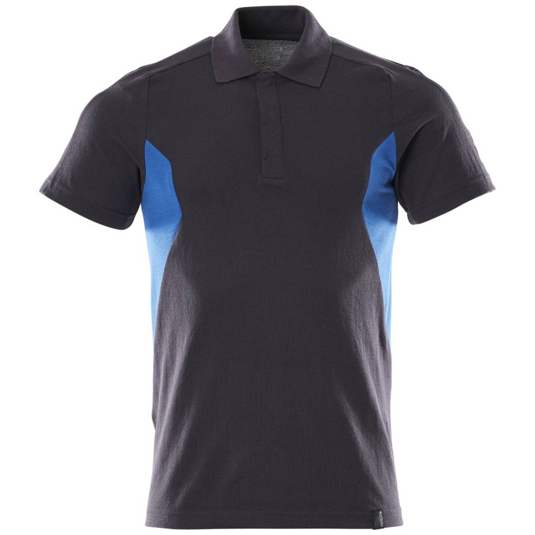 Schwarzes Poloshirt mit blauen Seitenpaneelen, Vorderansicht auf weißem Hintergrund dargestellt.