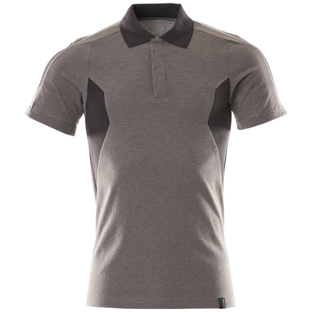 Graues kurzarm Polohemd mit dunklem Kragen und Seitenpaneelen, von vorne auf weißem Hintergrund gezeigt.