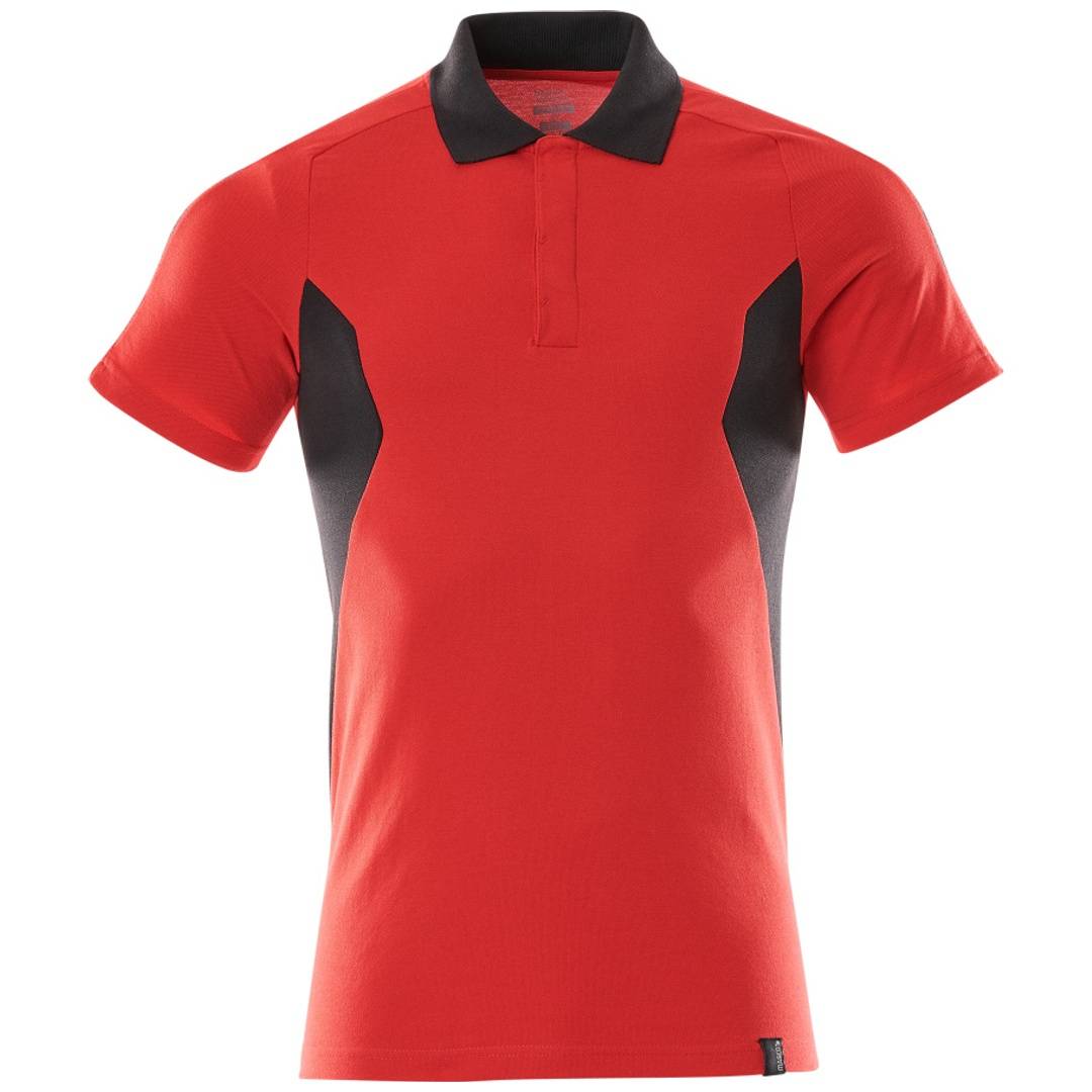 Rotes Poloshirt mit kurzen Ärmeln, schwarzem Kragen und schwarzen Seiteneinsätzen, von vorne gezeigt auf einfachem weißem Hintergrund.