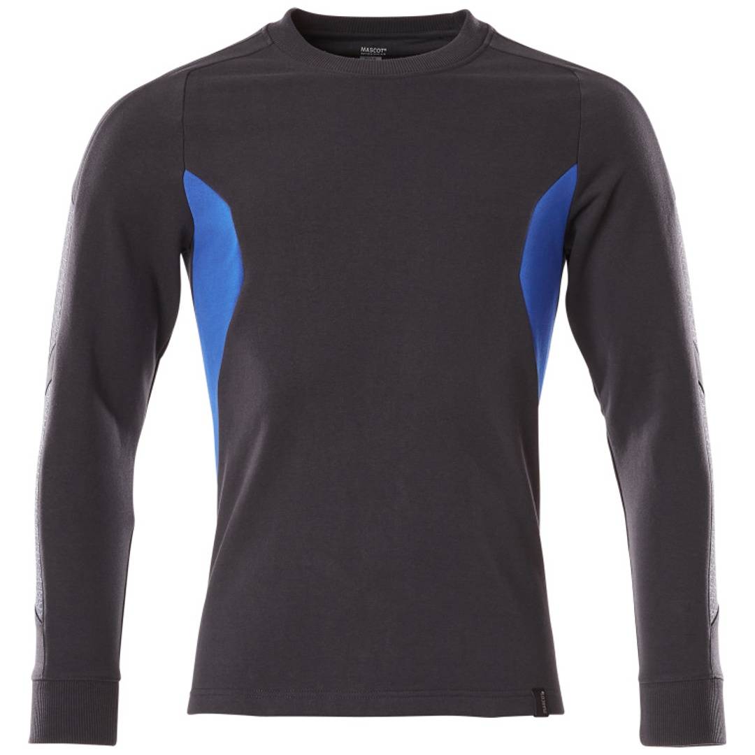 Schwarzes ärmelloses Sportshirt mit blauen Seitenpanels, Vorderansicht auf weißem Hintergrund gezeigt.