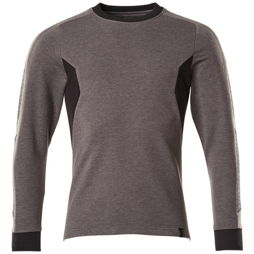 Graues Langarm-Crewneck-Shirt mit schwarzem Kragen und Bündchen, Vorderansicht auf weißem Hintergrund.
