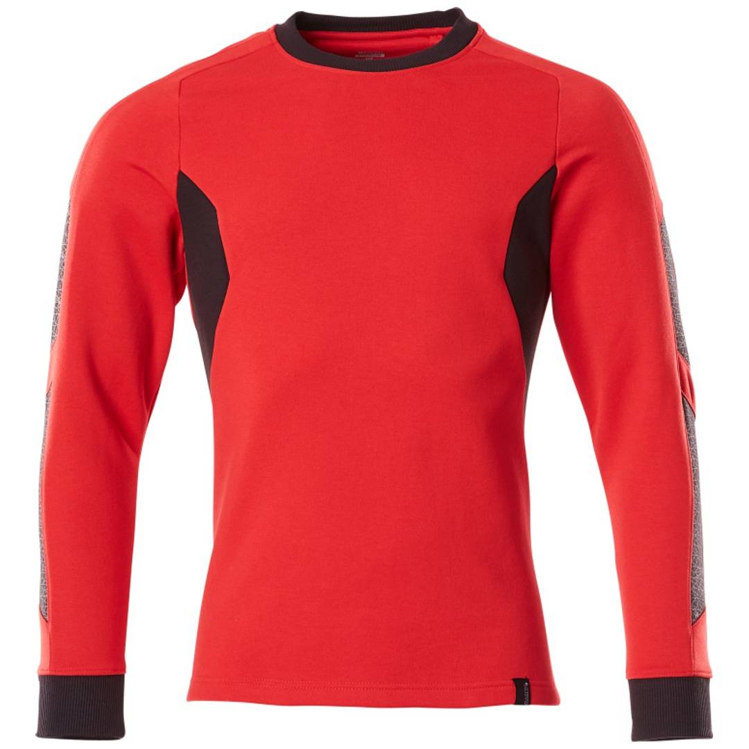Rotes langärmeliges Sportshirt mit schwarzen Seitenpaneelen und Bündchen, Vorderansicht auf neutralem Hintergrund gezeigt.