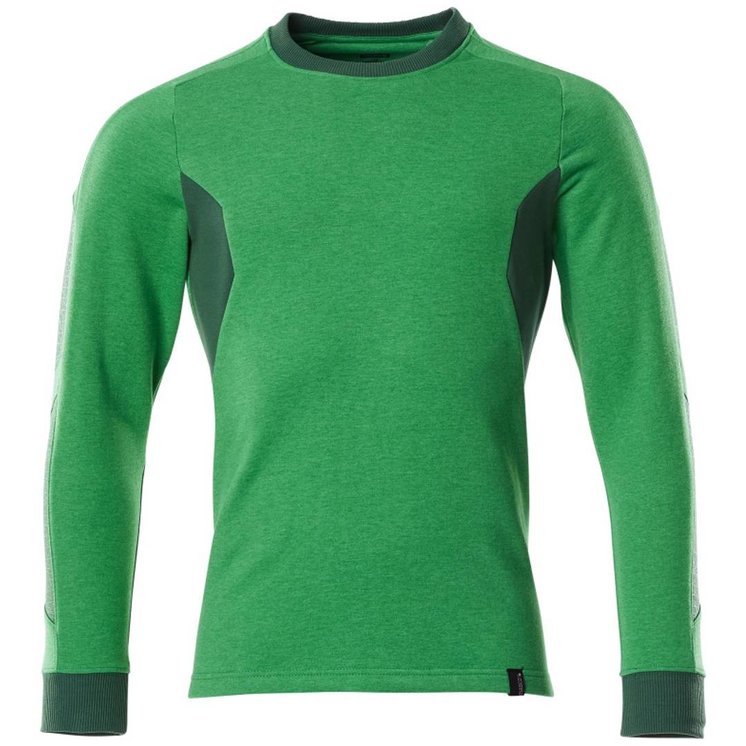 Grünes Langarm-Sweatshirt mit dunkelgrauen Seitenpaneelen und Bündchen, frontal auf weißem Hintergrund dargestellt.