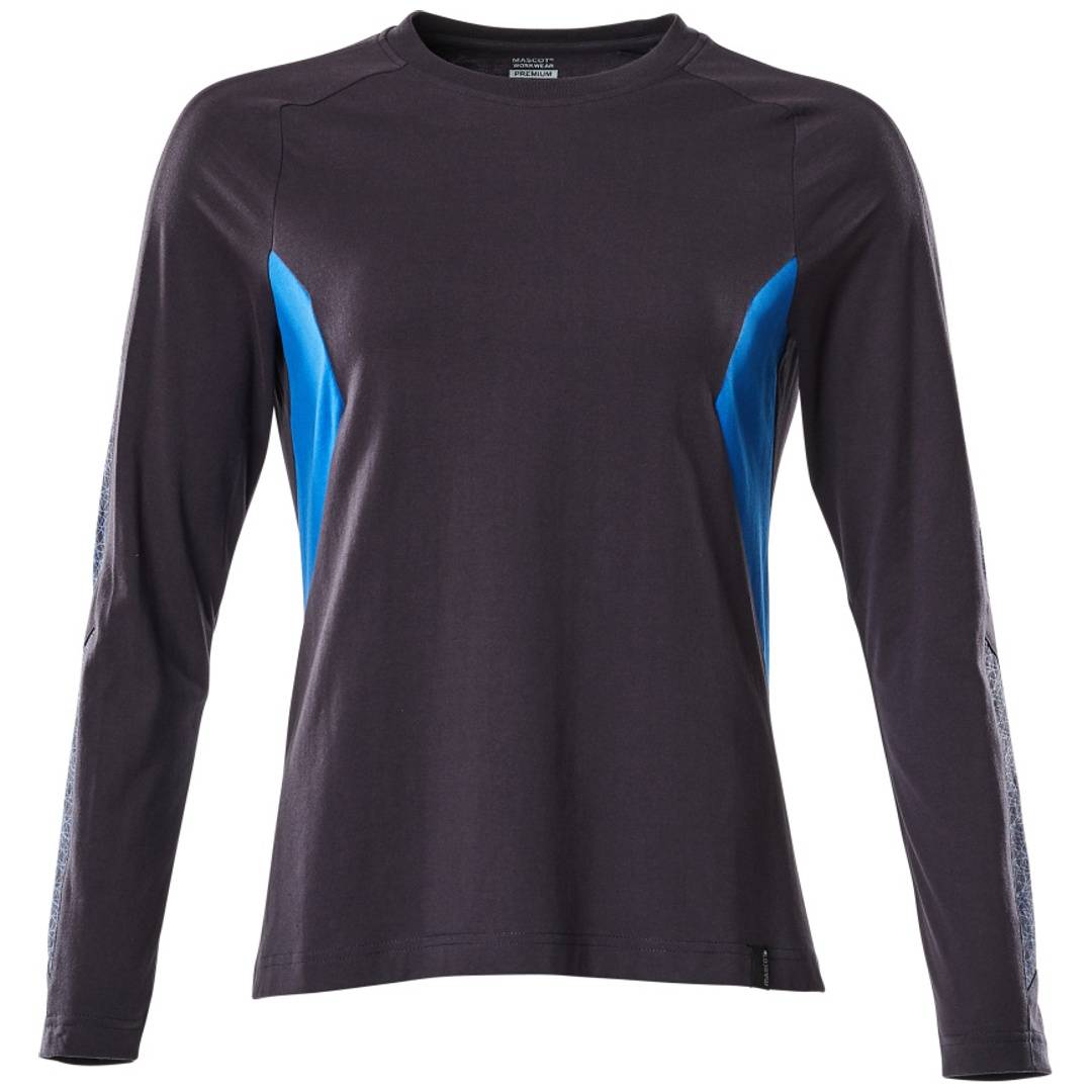 Frontansicht eines dunklen Sportshirts mit langen Ärmeln und leuchtend blauen Seitenpaneelen auf weißem Hintergrund.