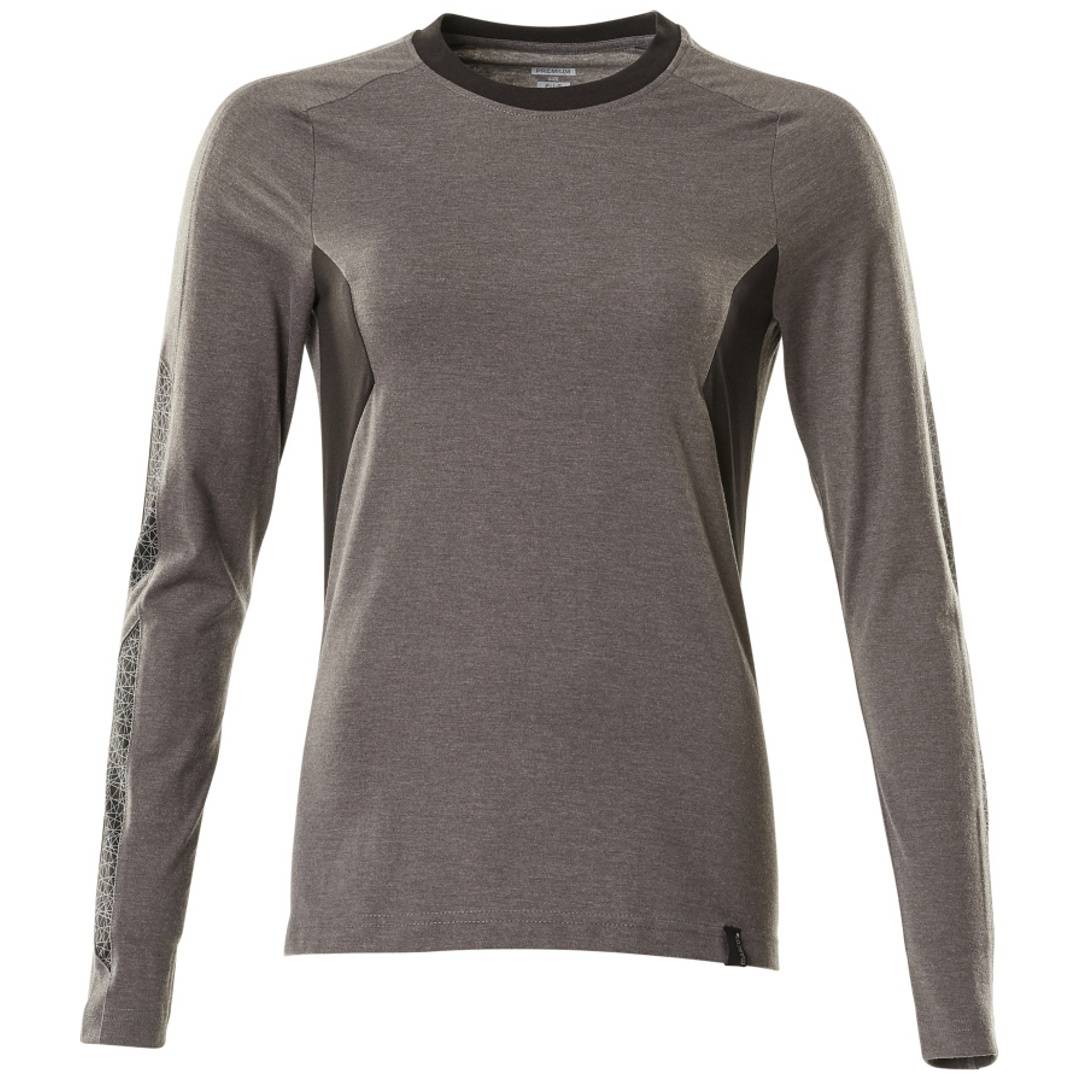 Graues Langarm-Sportshirt mit schwarzem Kragen und Seitenpaneelen, Vorderansicht auf weißem Hintergrund.
