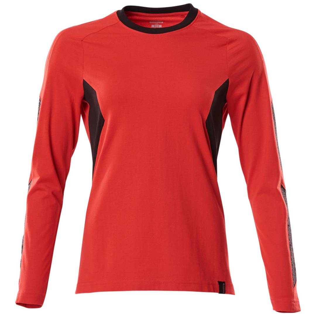 Rotes langärmeliges Athletik-Shirt mit schwarzen Seitenpanels und Kragen, Vorderansicht auf einfachem Hintergrund.