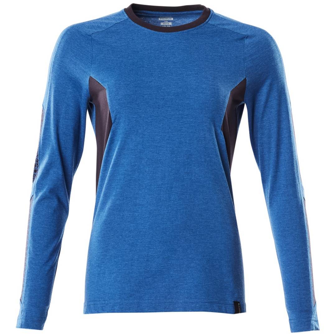 Blaues Langarm-Sportshirt mit dunklen Schulter- und Ärmeleinsätzen, Vorderansicht auf einfachem weißem Hintergrund.
