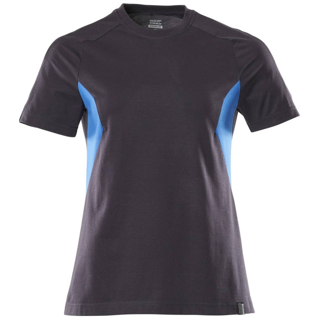 Schwarzes ärmelloses Sportshirt mit blauen Seitenpanels, Vorderansicht auf weißem Hintergrund.
