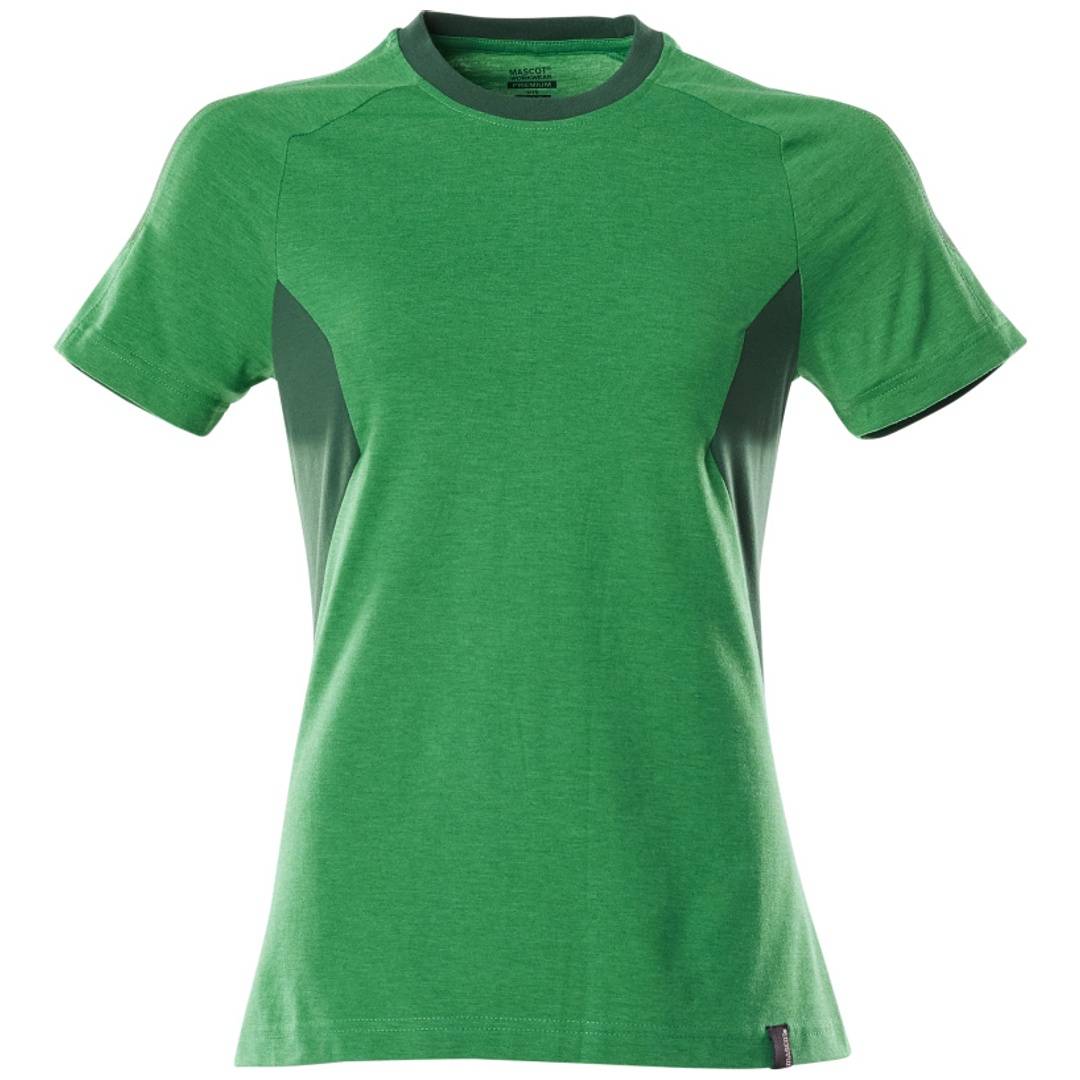Grünes, kurzärmeliges Athletic-Shirt mit dunklen Seitenpaneelen, Vorderansicht auf weißem Hintergrund gezeigt.