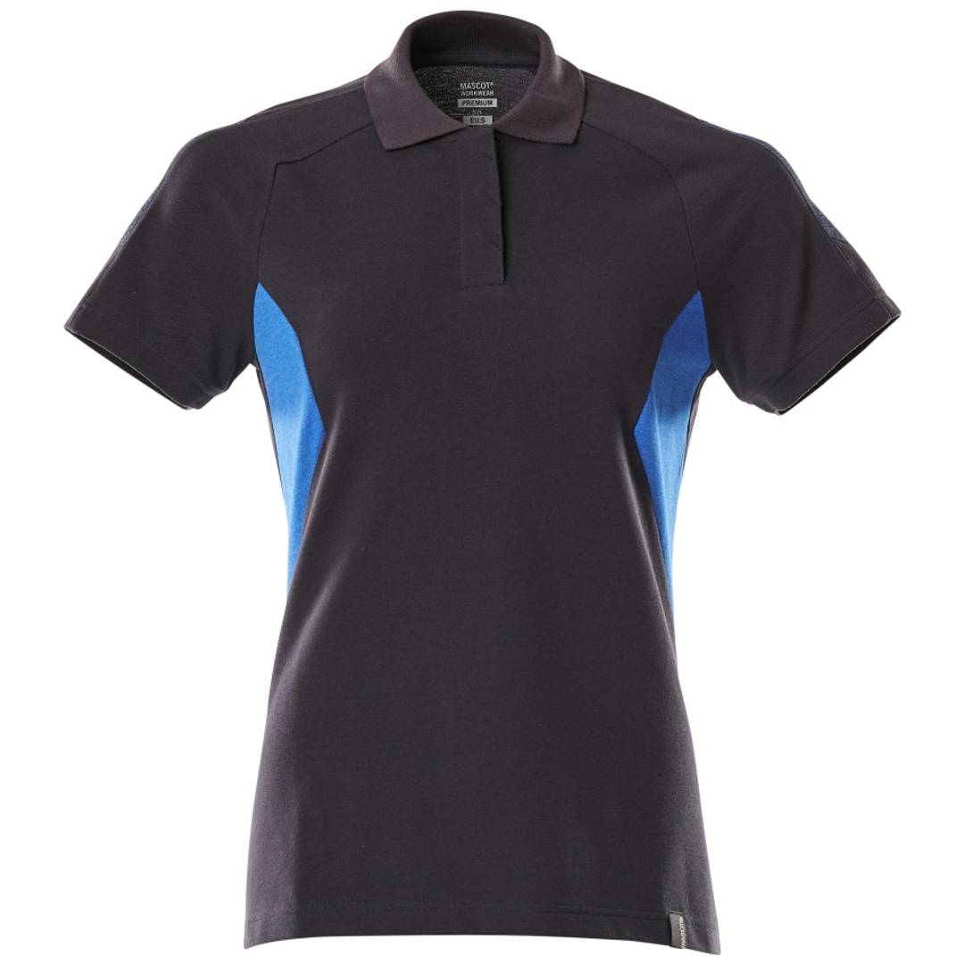 Schwarzes Poloshirt mit kurzen Ärmeln und blauen Seiteneinsätzen, Vorderansicht auf weißem Hintergrund.