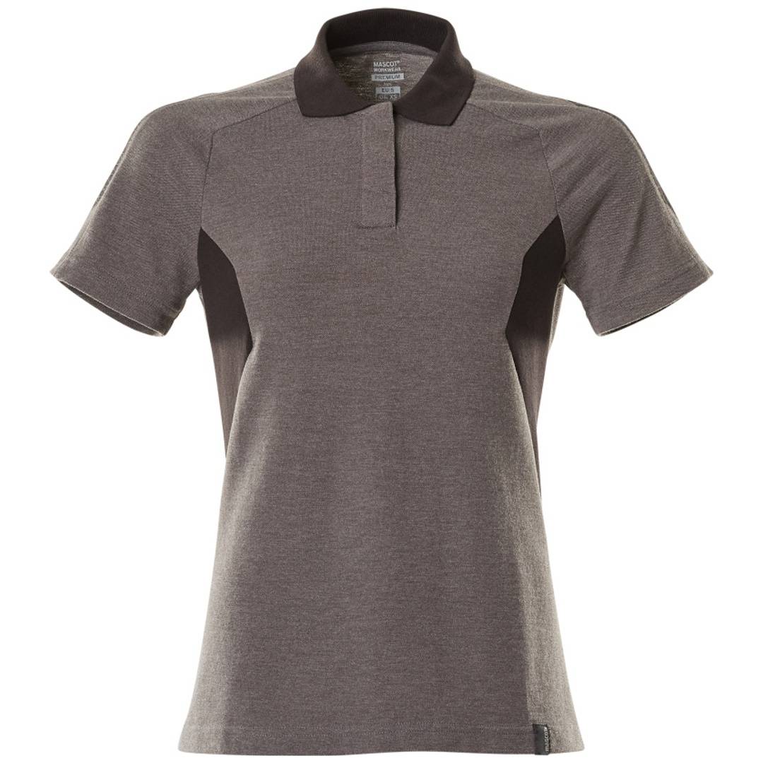 Graues Poloshirt mit kurzen Ärmeln, schwarzem Kragen und seitlichen Einsätzen, in Vorderansicht auf weißem Hintergrund dargestellt.