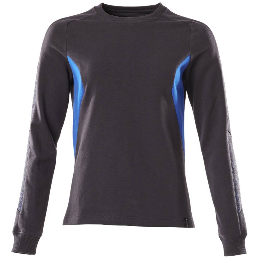 Schwarzes langärmeliges Sportshirt mit blauen Seitenpaneelen, Vorderansicht auf weißem Hintergrund gezeigt.