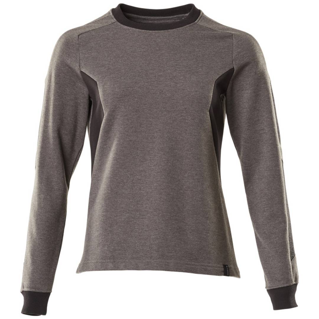 Graues Langarm-T-Shirt mit Rundhalsausschnitt, schwarze Manschetten und Kragen, Vorderansicht auf weißem Hintergrund.