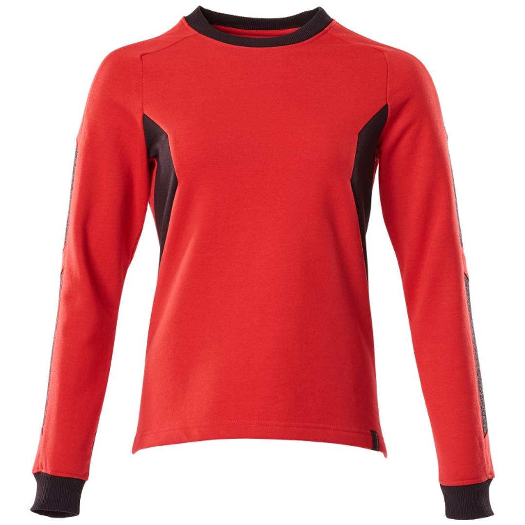 Rotes Langarm-Sportshirt mit schwarzer Einfassung am Kragen, an den Manschetten und an den Seitenpaneelen, Vorderansicht auf neutralem Hintergrund gezeigt.