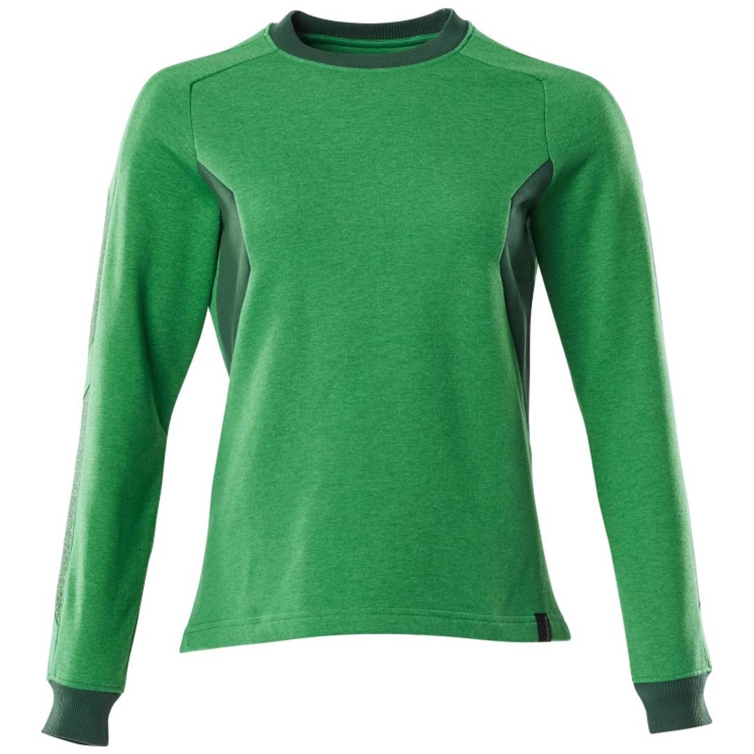 Grünes langärmeliges Sportshirt mit dunkleren Seitenpaneelen und Bündchen, Vorderansicht auf weißem Hintergrund.
