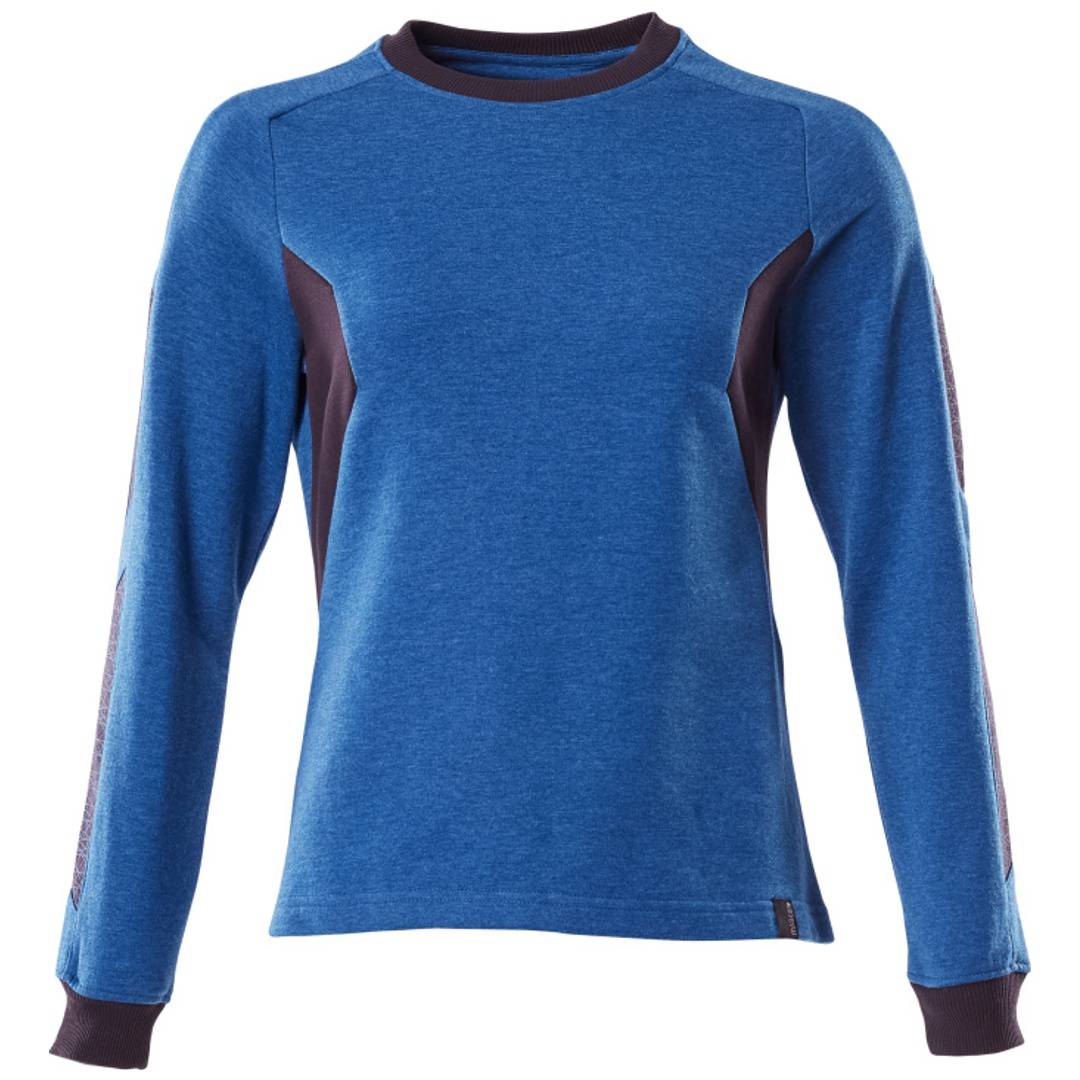 Blaues Langarm-Sportshirt mit dunklem Besatz und Seiteneinsätzen, Vorderansicht auf einfachem weißem Hintergrund.
