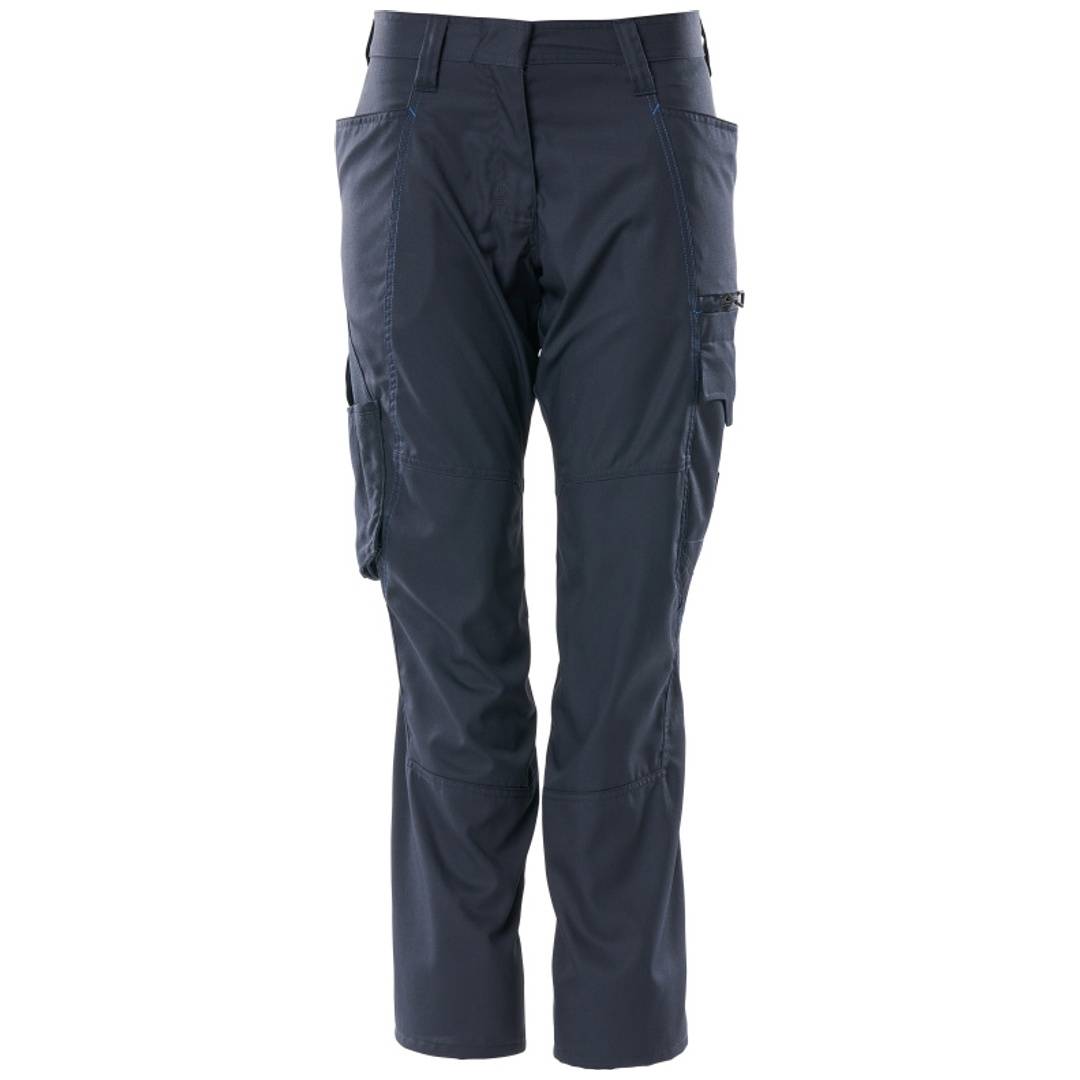 Dunkelblaue Cargo-Arbeitshose mit mehreren Taschen und verstärkten Knien, Vorderansicht auf einfachem weißem Hintergrund.