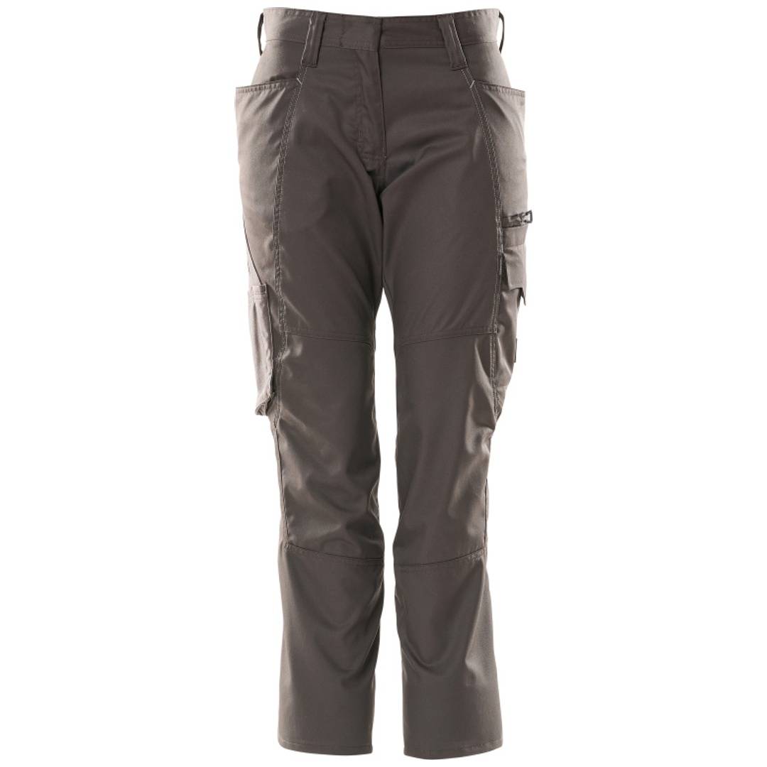Dunkelgraue Cargohose mit mehreren Taschen, Vorderansicht auf weißem Hintergrund.