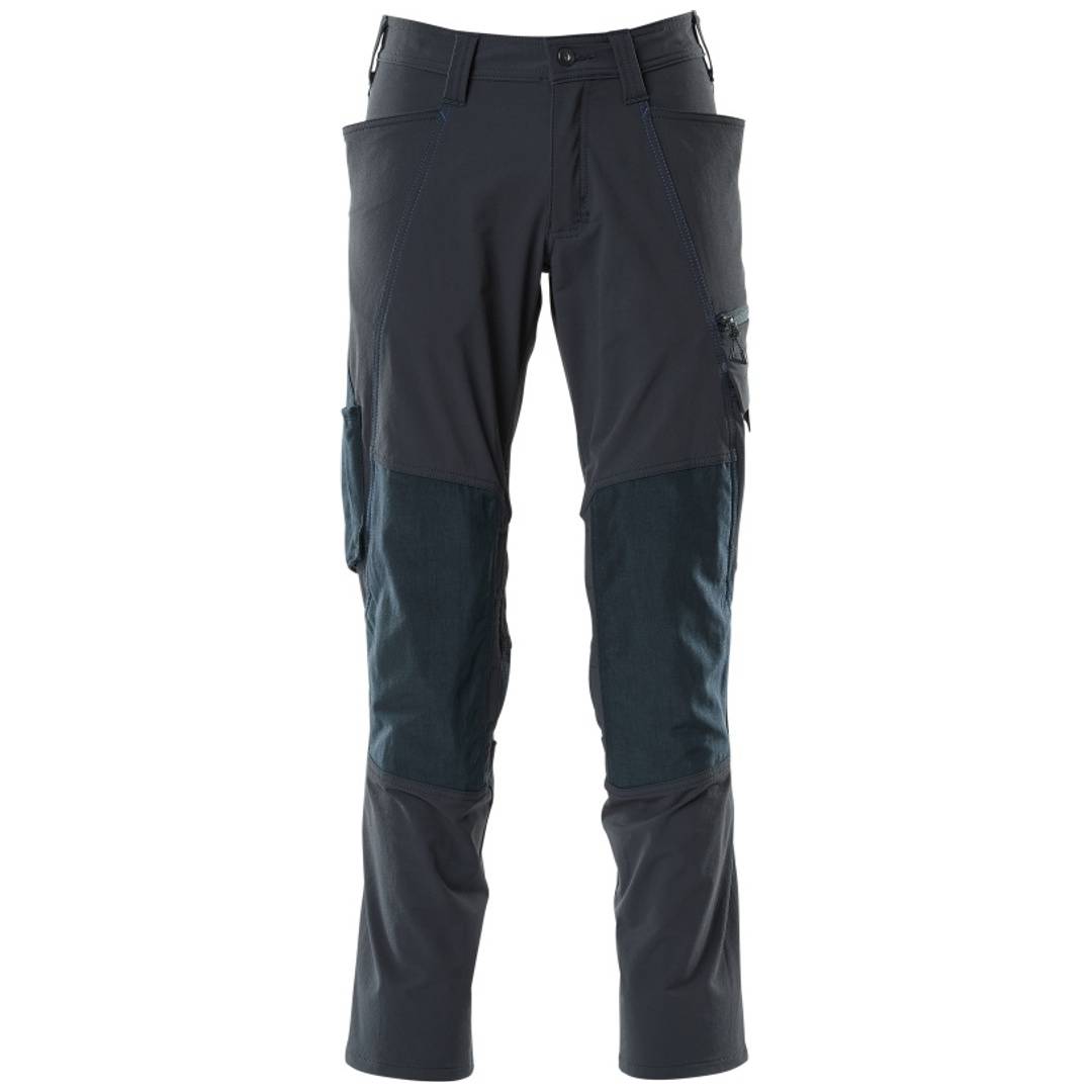 Dunkelgraue und schwarze Outdoor-Cargohosen mit mehreren Taschen, Vorderansicht auf weißem Hintergrund.