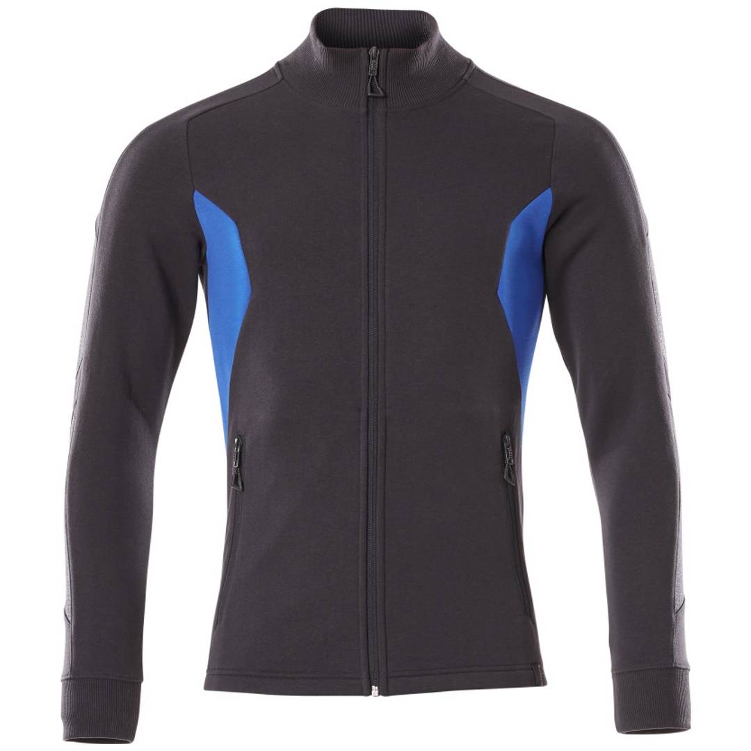 Schwarze Reißverschluss-Sportjacke mit blauen Seitenpaneelen und hohem Kragen, Vorderansicht auf weißem Hintergrund dargestellt.