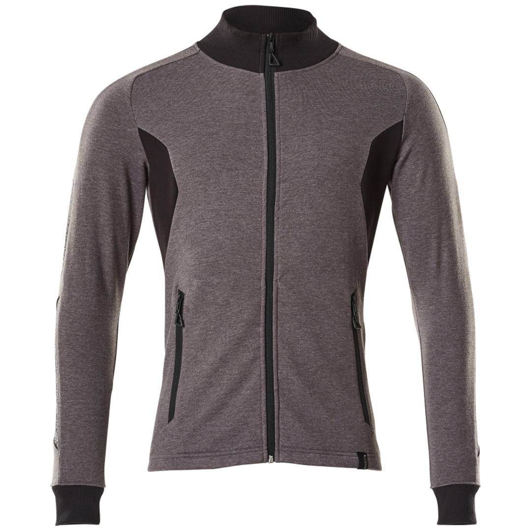Graue Reißverschluss-Jacke mit schwarzem Kragen, Seiteneinsätzen und Manschetten, von vorne auf weißem Hintergrund gezeigt.