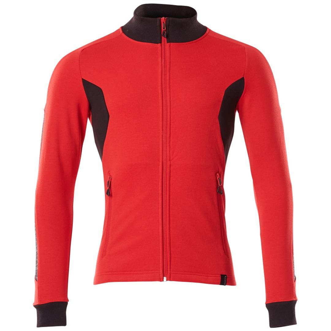 Rote Trainingsjacke mit Reißverschluss, schwarzem Kragen, seitlichen Akzenten und Bündchen auf weißem Hintergrund.