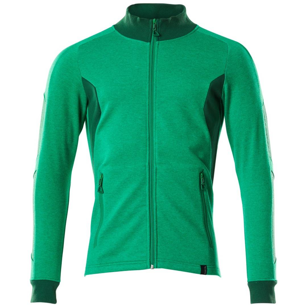 Grüne Jacke mit durchgehendem Reißverschluss und hohem Kragen, langen Ärmeln und dunklem Besatz auf weißem Hintergrund.