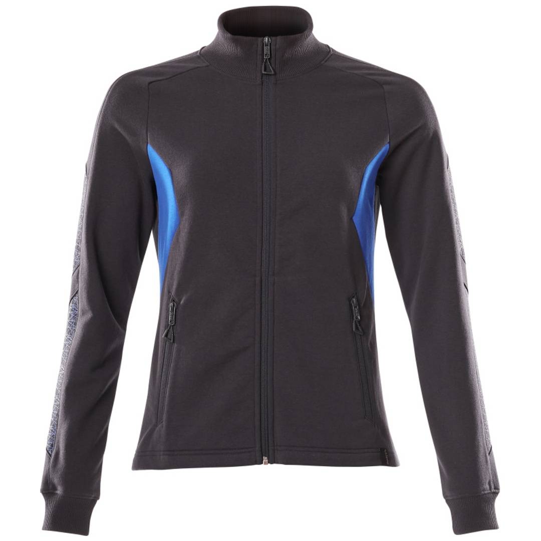 Schwarze Reißverschluss-Sportjacke mit blauen Seitenpaneelen, langen Ärmeln und hohem Kragen, dargestellt auf einem schlichten weißen Hintergrund.