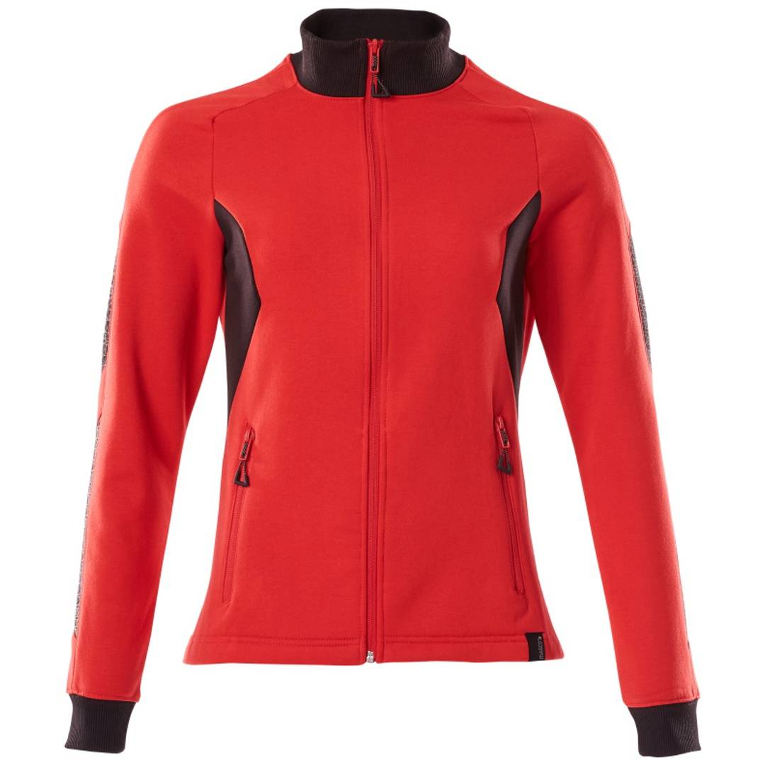 Rote Reißverschluss-Sportjacke mit schwarzer Paspelierung, Vorderansicht auf einfachem weißem Hintergrund.
