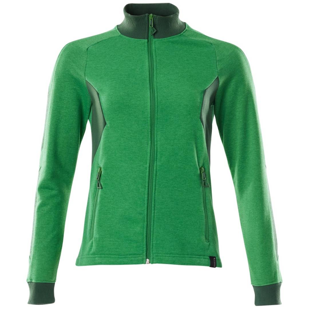 Grüne Trainingsjacke mit Reißverschluss, hohem Kragen, langen Ärmeln und dunklen Seitenpaneelen auf einfachem weißem Hintergrund