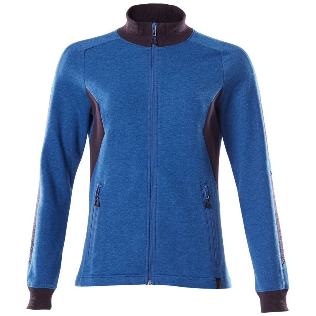 Blaue Trainingsjacke mit Reißverschluss, dunkelbauner Kragen, Bündchen und Seitenpaneele, Vorderansicht auf weißem Hintergrund.