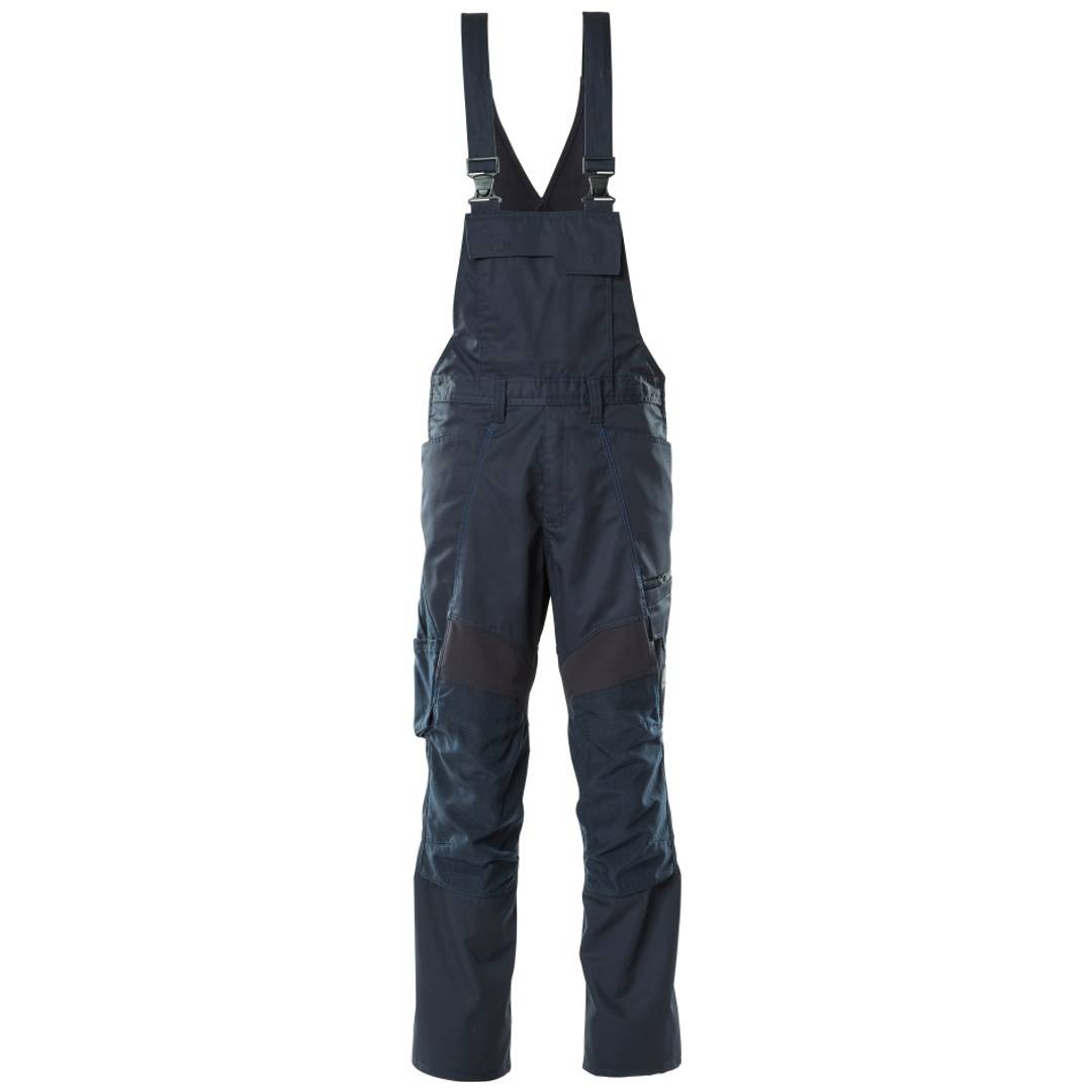 Schwarze Latzhose oder Schneeanzug mit Hosenträgern, Vorderansicht auf weißem Hintergrund.
