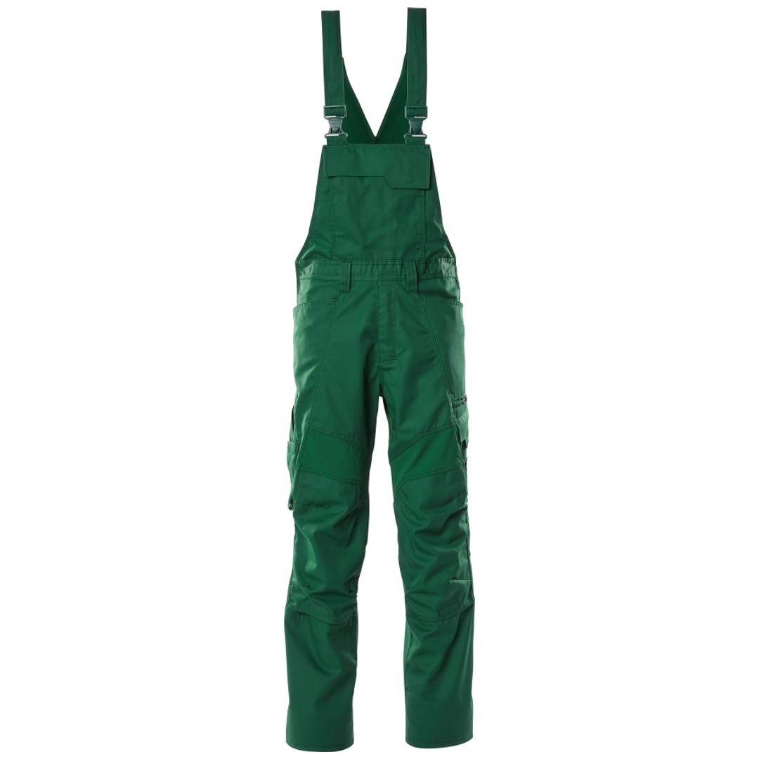 Grüne Latzhose mit verstellbaren Schultergurten, Vorderansicht auf weißem Hintergrund.