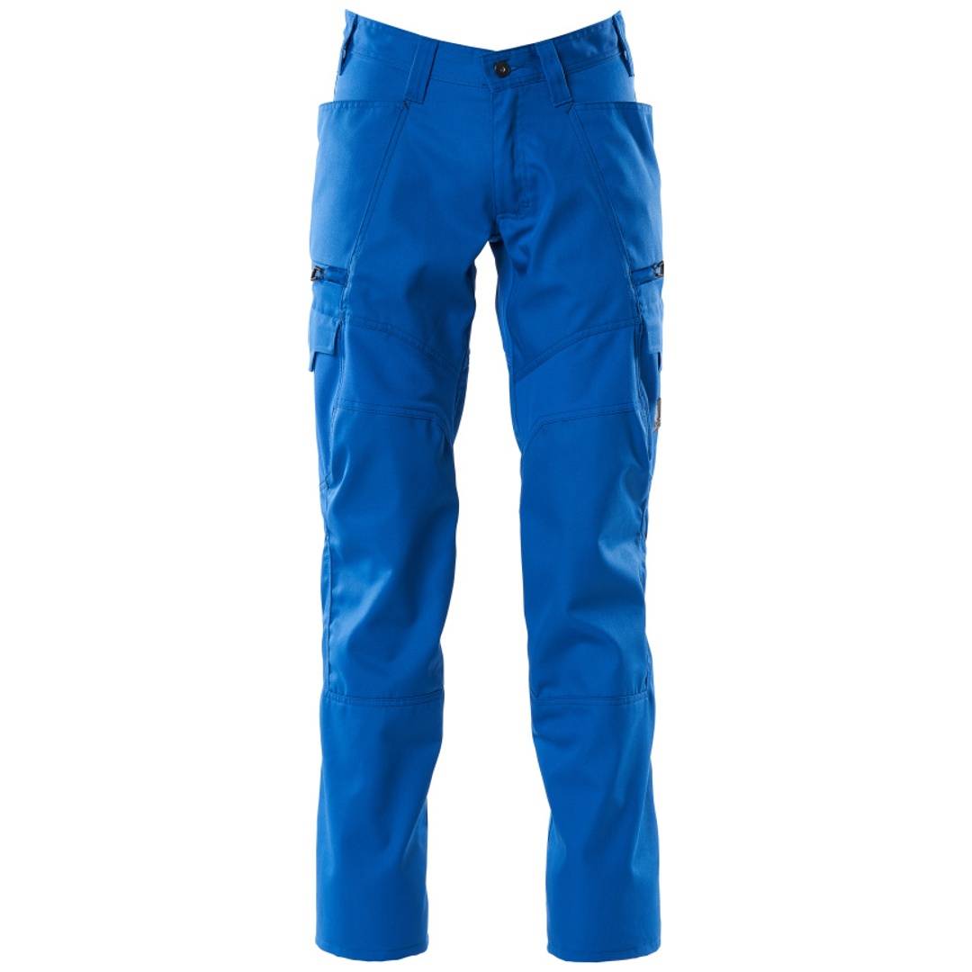 Blaue Cargo-Arbeitshosen mit mehreren Taschen, vor einem schlichten weißen Hintergrund gezeigt.