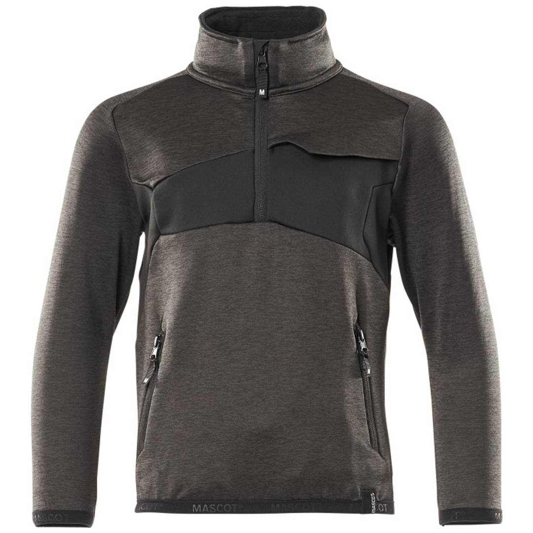 Grauer Fleece-Pullover mit langem Arm und Viertel-Reißverschluss mit schwarzer Brust- und Schultereinfassung, vordere Reißverschlusstaschen, auf weißem Hintergrund abgebildet.