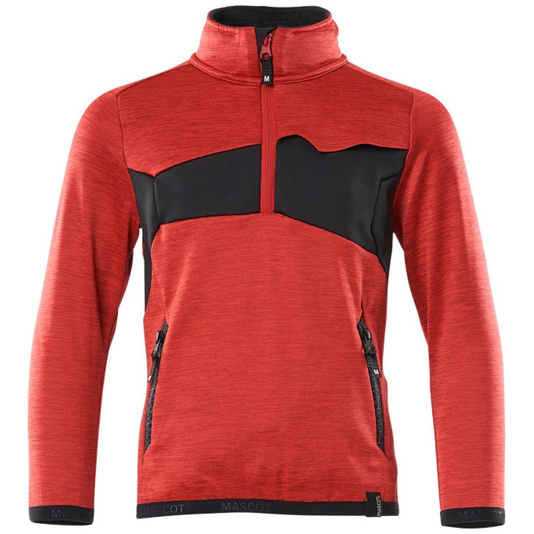 Roter Langarm-Reißverschluss-Pullover mit schwarzem Brustpaneel, Stehkragen und seitlichen Reißverschlusstaschen auf weißem Hintergrund.