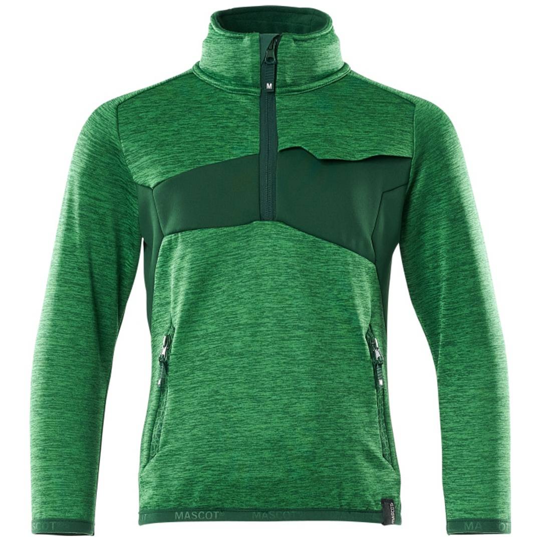 Grüner Langarm-Pullover-Jacke mit Halbzippers-Kragen, kontrastierendem dunklem Brustpaneel und seitlichen Reißverschlusstaschen auf einfarbigem weißem Hintergrund.