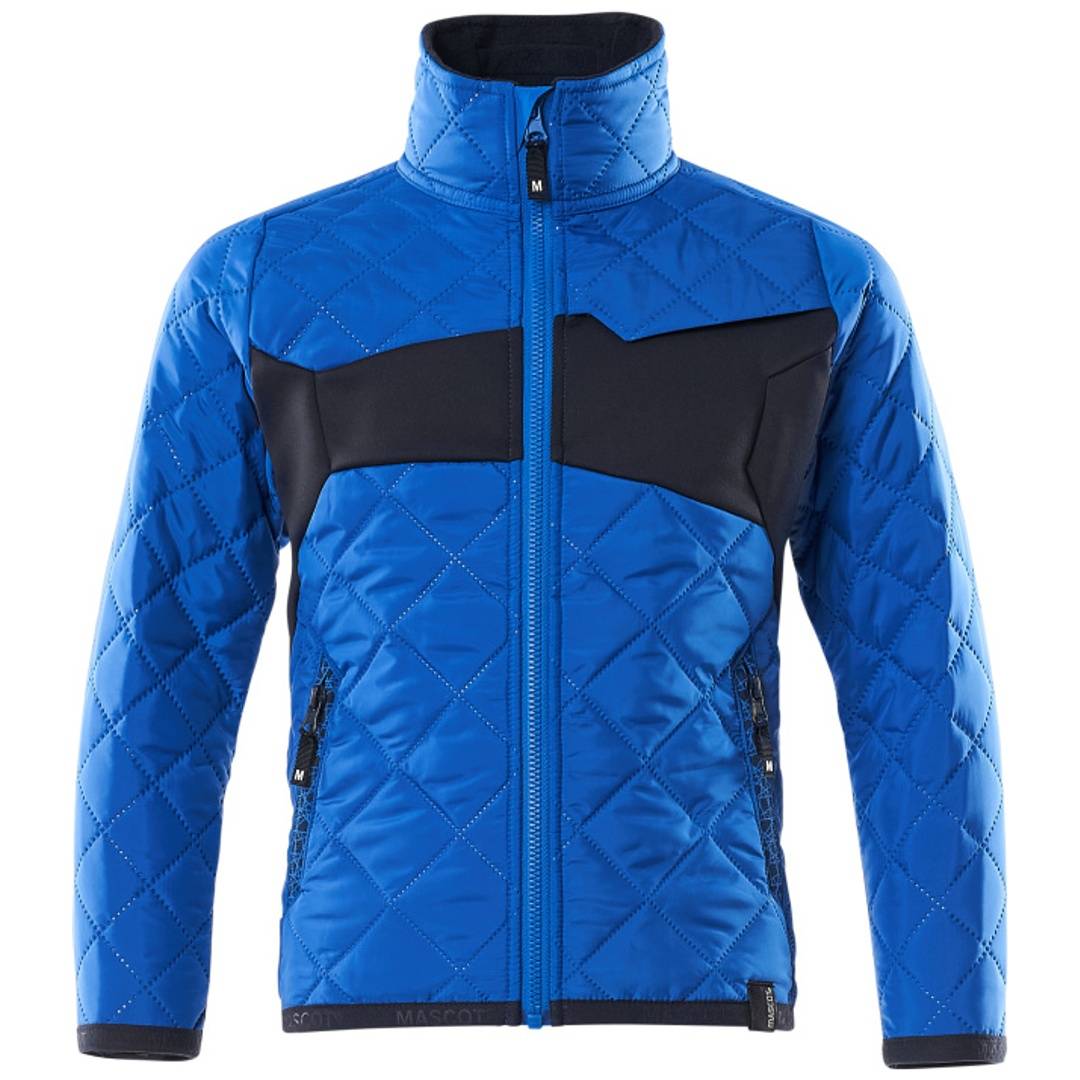 Blauepepperte Jacke mit Reißverschluss, schwarze Brustpanele, Stehkragen und Seitentaschen auf weißem Hintergrund.