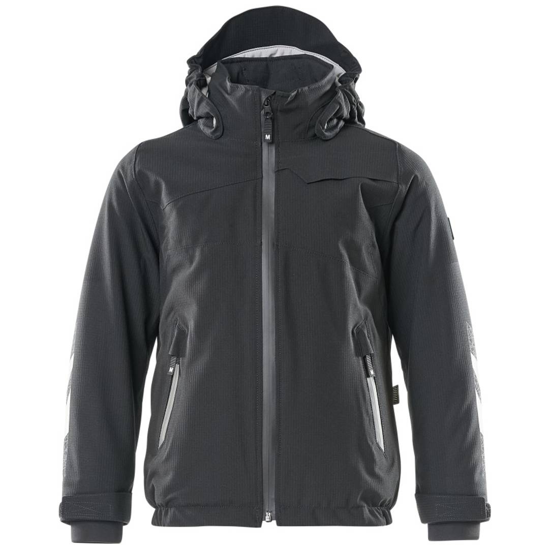 Schwarze Kapuzenjacke mit Reißverschluss, Vordertaschen und reflektierenden Reißverschlussdetails auf weißem Hintergrund.