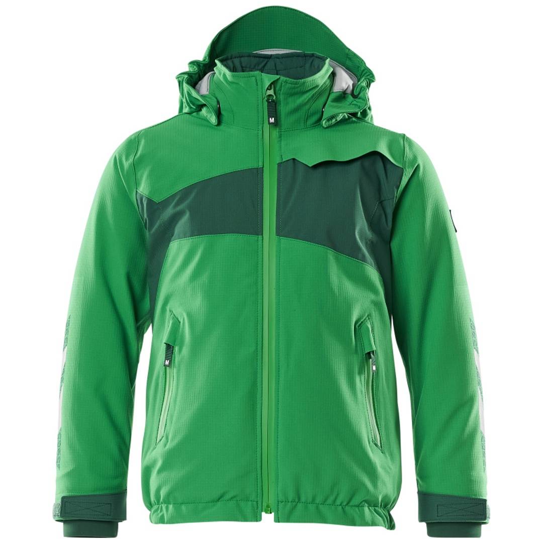 Grüne Kapuzenjacke mit Reißverschluss, dunkelgrüne Brustpaneele und Reißverschlusstaschen an den Seiten, Vorderansicht auf weißem Hintergrund.