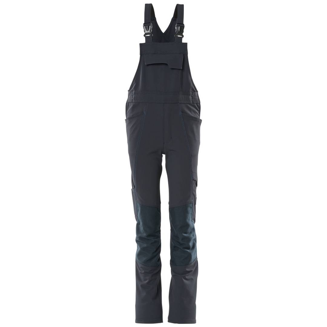 Schwarze Latzhose mit Schultergurten und verstärkten Knien, frontal auf weißem Hintergrund dargestellt.