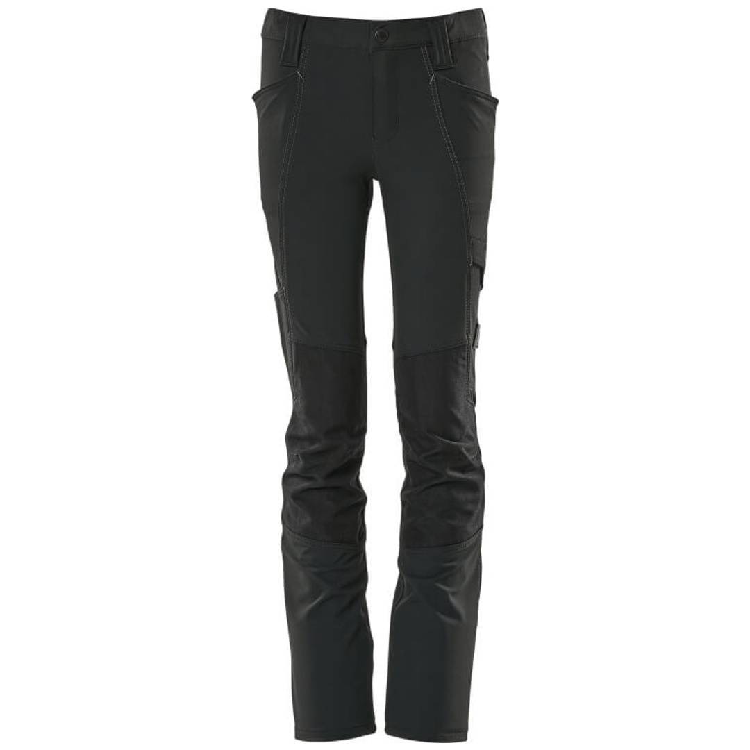 Schwarze, eng anliegende Outdoor-Hose mit verstärkten Knien und Reißverschlusstaschen, Vorderansicht auf weißem Hintergrund.