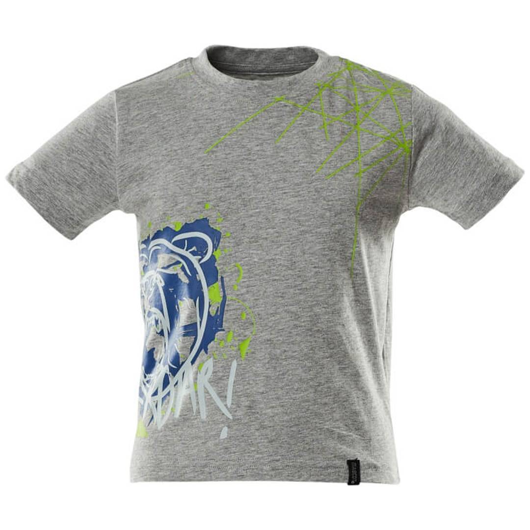 Graues T-Shirt mit kurzen Ärmeln und blau-grünem Grafikdruck auf der Vorderseite, vor weißem Hintergrund dargestellt.