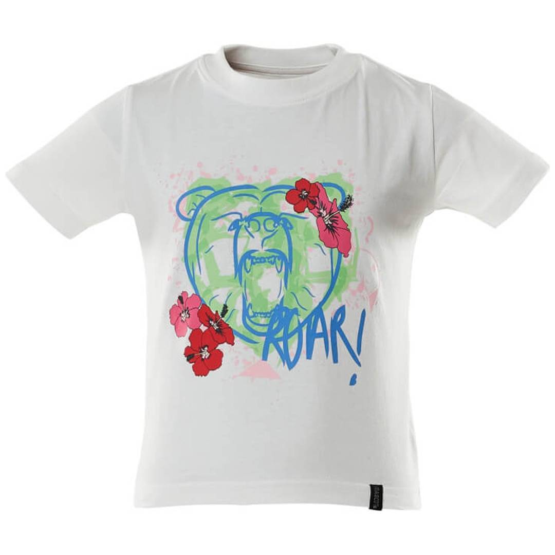 Weißes T-Shirt mit buntem Grafik-Motiv eines Bärengesichts, roten Blumen und dem Wort „ROAR