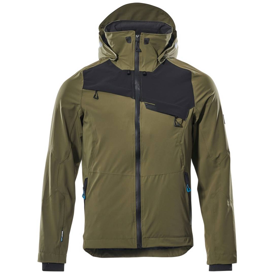 Olivgrüne Kapuzenjacke mit Reißverschluss und schwarzen Brust- und Schulterpanels, frontal auf einfachem Hintergrund abgebildet.