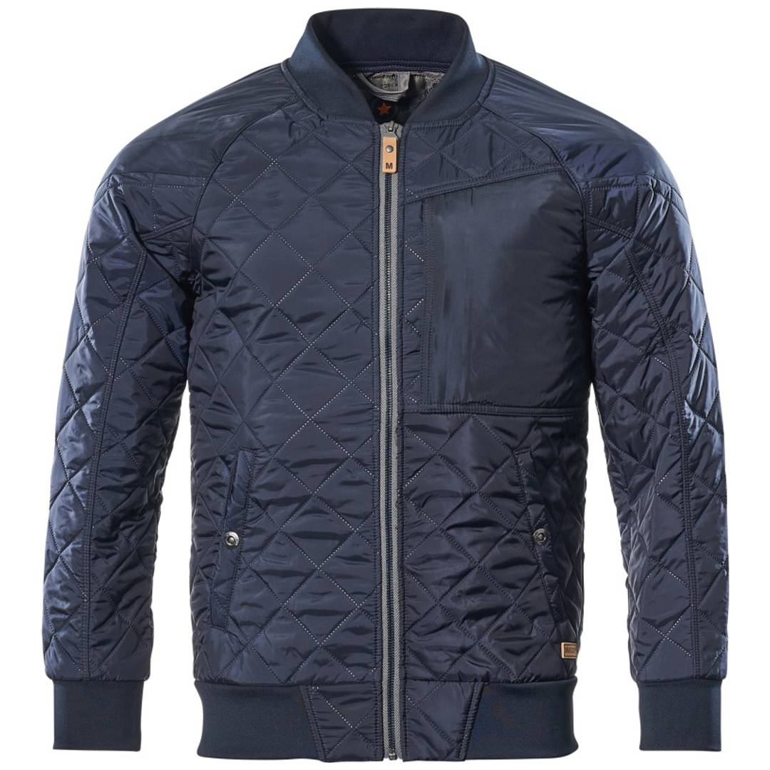 Marineblaue gesteppte Bomberjacke mit Reißverschluss, geripptem Kragen, Bündchen und Saum auf weißem Hintergrund.
