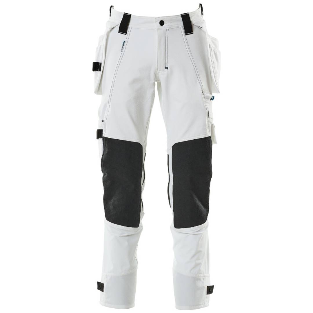 Weiß-schwarze technische Skihose mit Reißverschlusstaschen, Cargotaschen und verstärkten Kniepanelen auf neutralem Hintergrund.